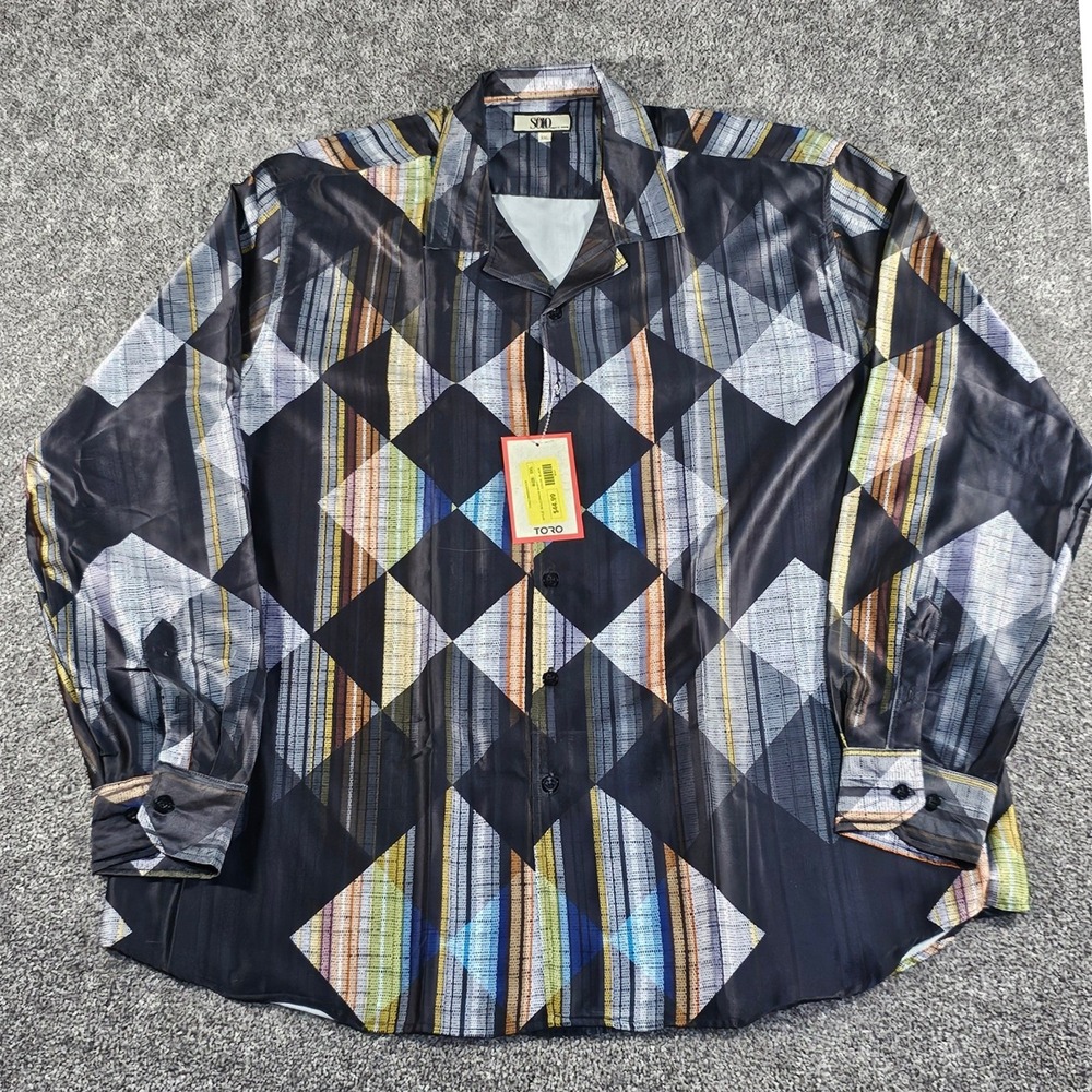Toro/Solo Dress Shirt Mens XXL Black Geometric Diamond button-up Art Deco party